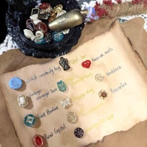 A parchment prize map displaying gothic charms mapped to rewards including glass keepsake bottles, press-on nails, raw crystals, and vintage accessories alongside a brass scoop