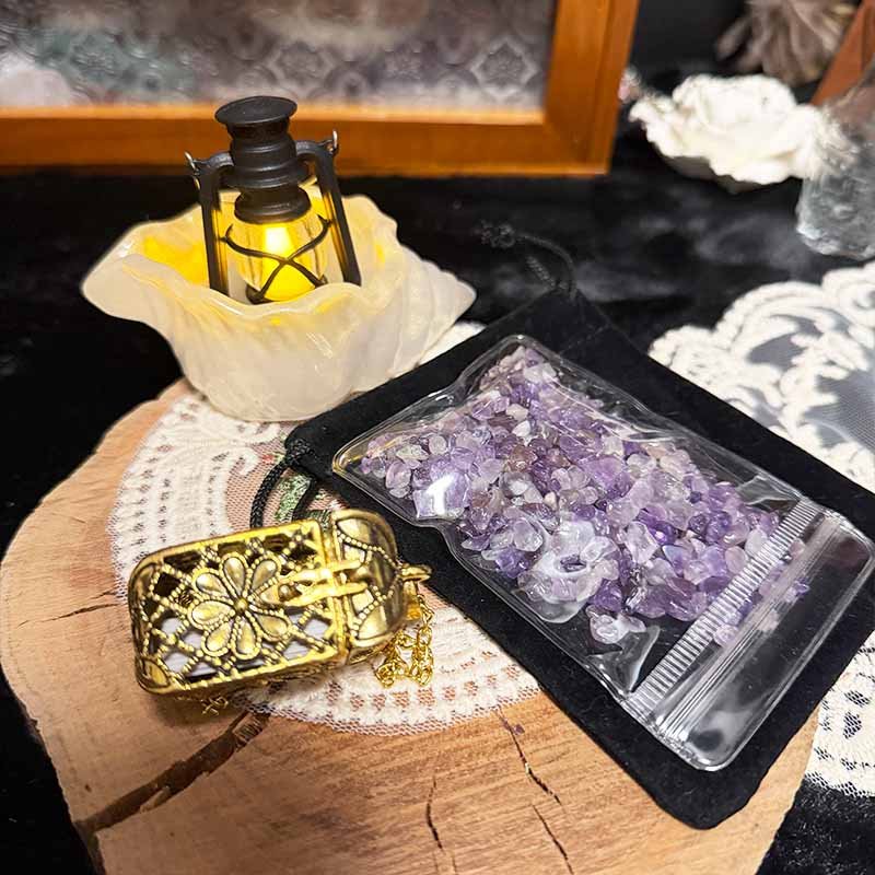 Vintage gold art card locket necklace with a free pack of raw purple crystals