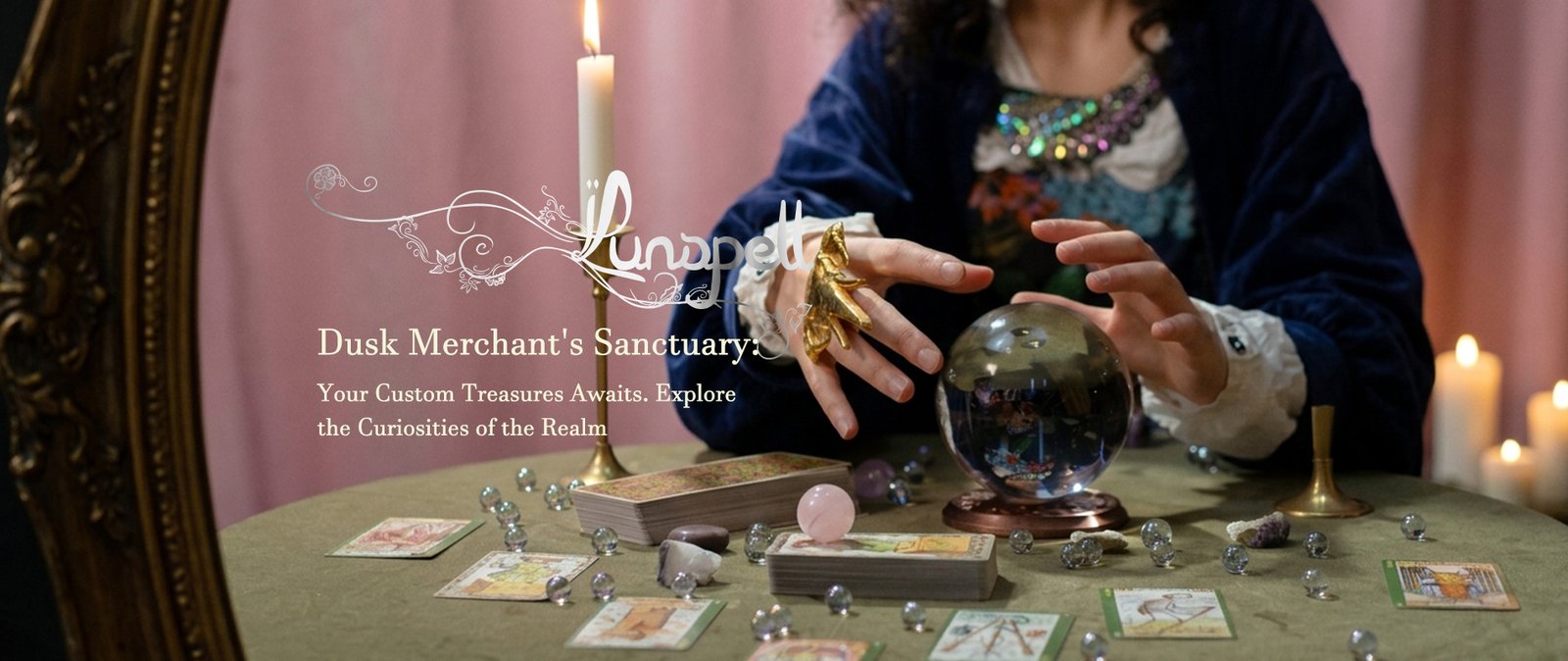 Vintage styled banner with candles, natural crystals and handcrafted curiosities for Dusk Merchant's handmade shop