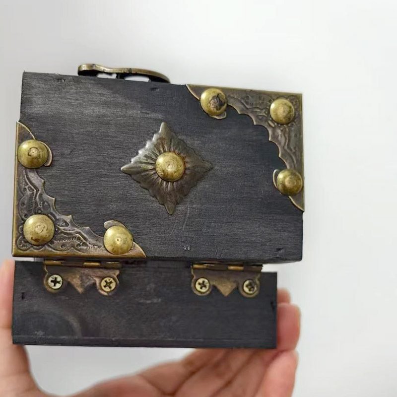Mini vintage wooden jewelry box brown finish with vintage metal accents