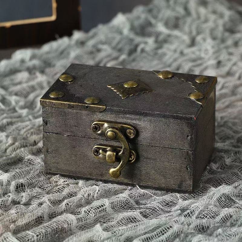 Small antique style brown wooden jewelry box vintage keepsake case