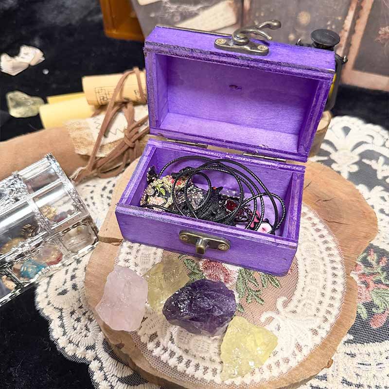 Small purple retro wooden ring box with vintage metal details