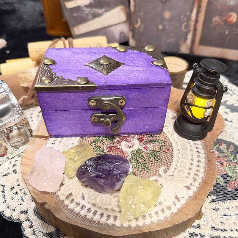 Purple mini wooden jewelry case displayed with crystals vintage decor