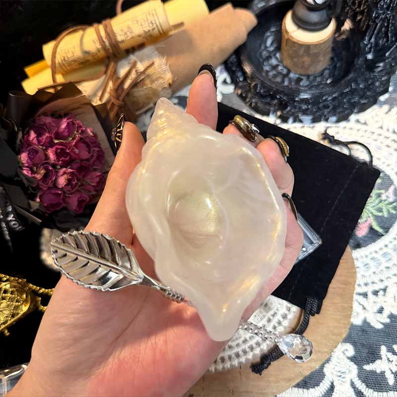 Complete jewelry care set including seashell bowl, leaf spoon, and two raw crystal packs