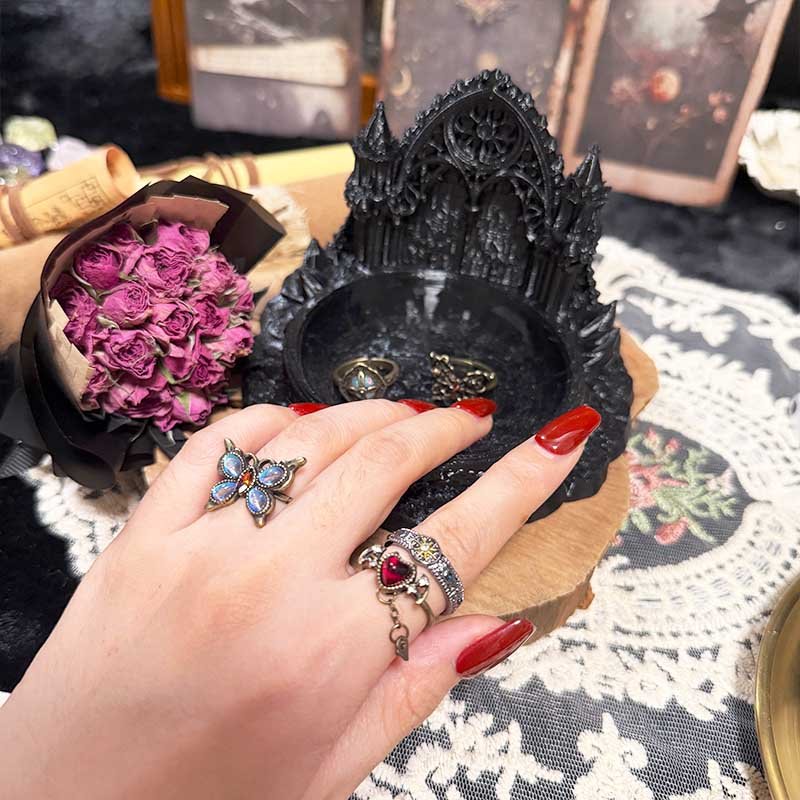 Antique bronze butterfly ring with blue opal stone from the gothic stacking ring set