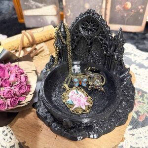 Black gothic jewelry trinket dish with cathedral arch design resin vanity tray 5x3.5 inch