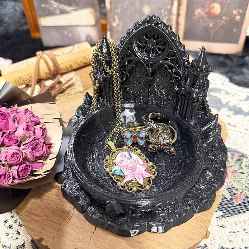 Black gothic jewelry trinket dish with cathedral arch design resin vanity tray 5x3.5 inch
